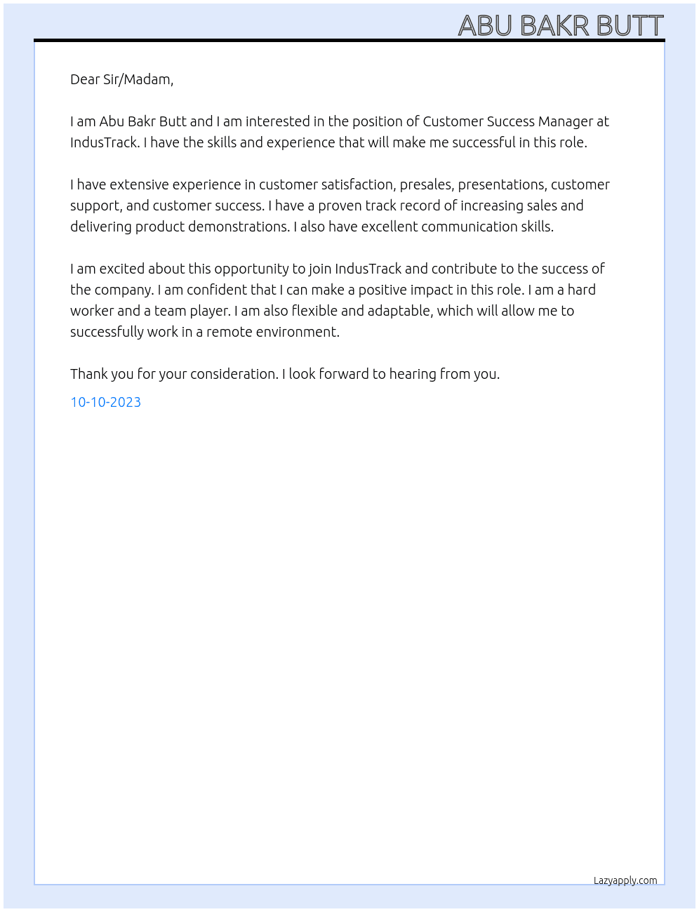Customer Success Manager At IndusTrack Cover Letter