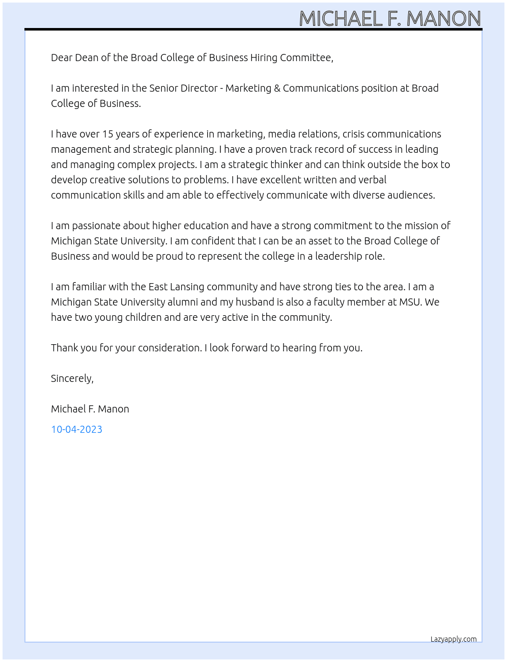 Senior Director - Marketing & Communications; Broad College of Business At Michigan State University; Broad College of Business Cover Letter