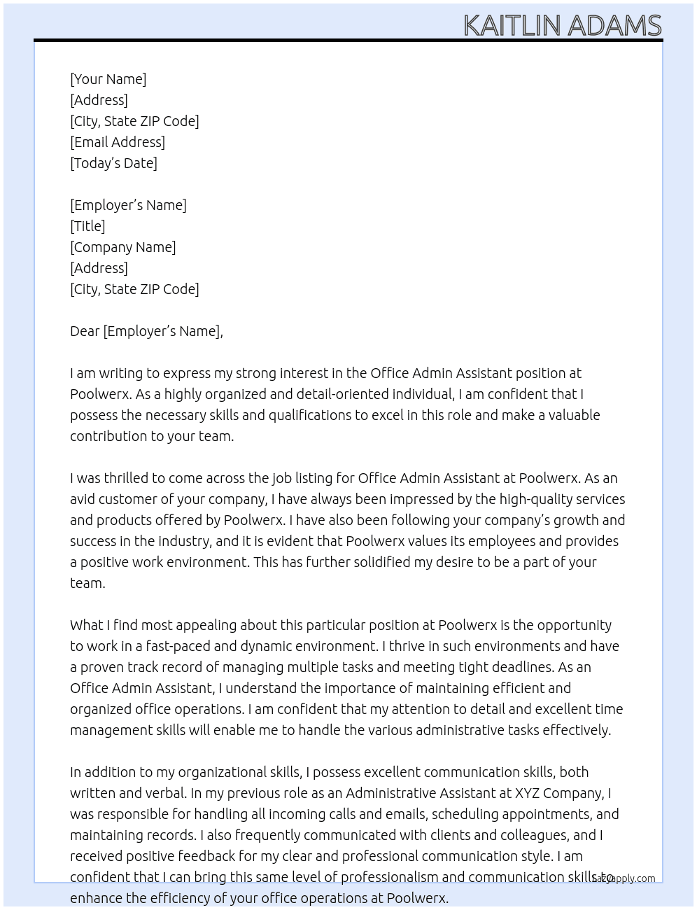 Office Admin Assistant  At Poolwerx Cover Letter