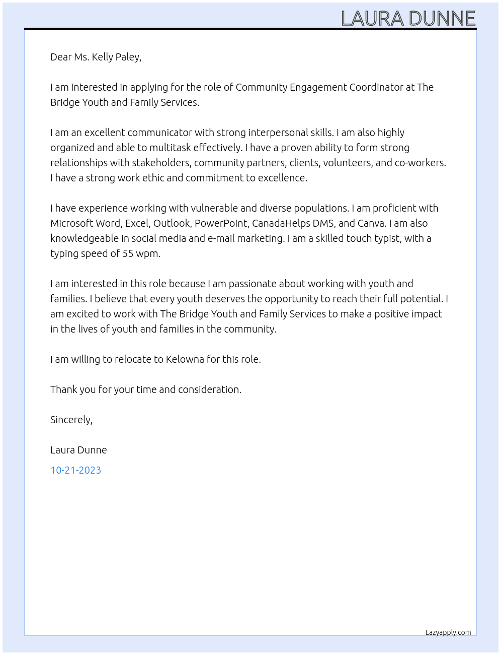 Community Engagement Coordinator At The Bridge Youth and Family Services Cover Letter