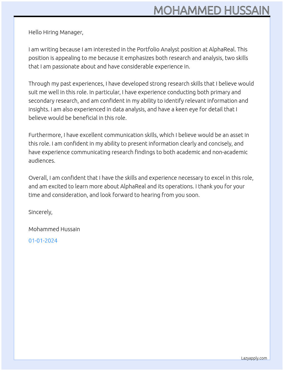 Portfolio Analyst At AlphaReal Cover Letter