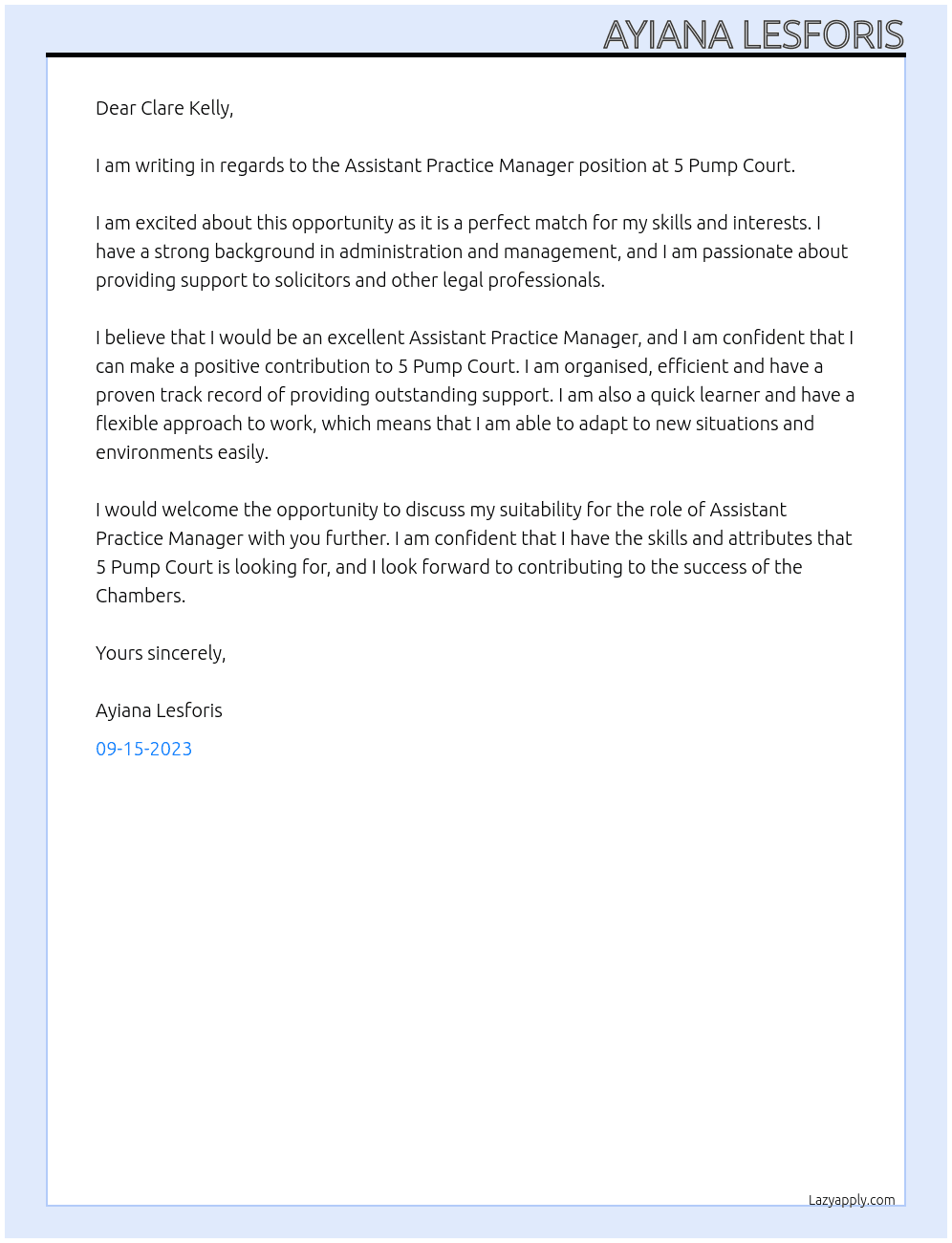 Assistant Practice Manager  At 5 Pump Court Cover Letter