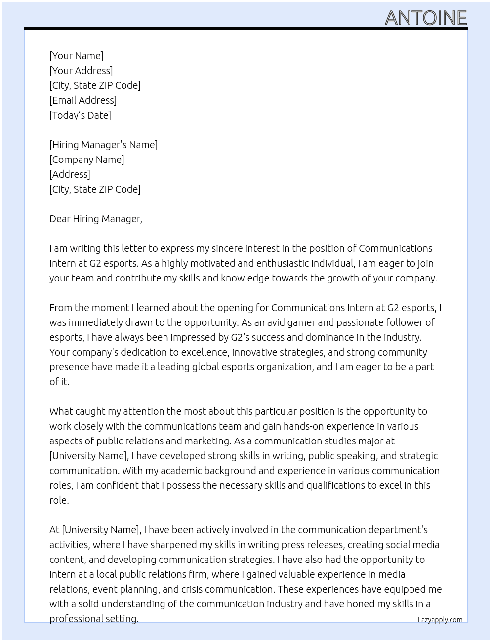 Communications Intern At G2 esports Cover Letter