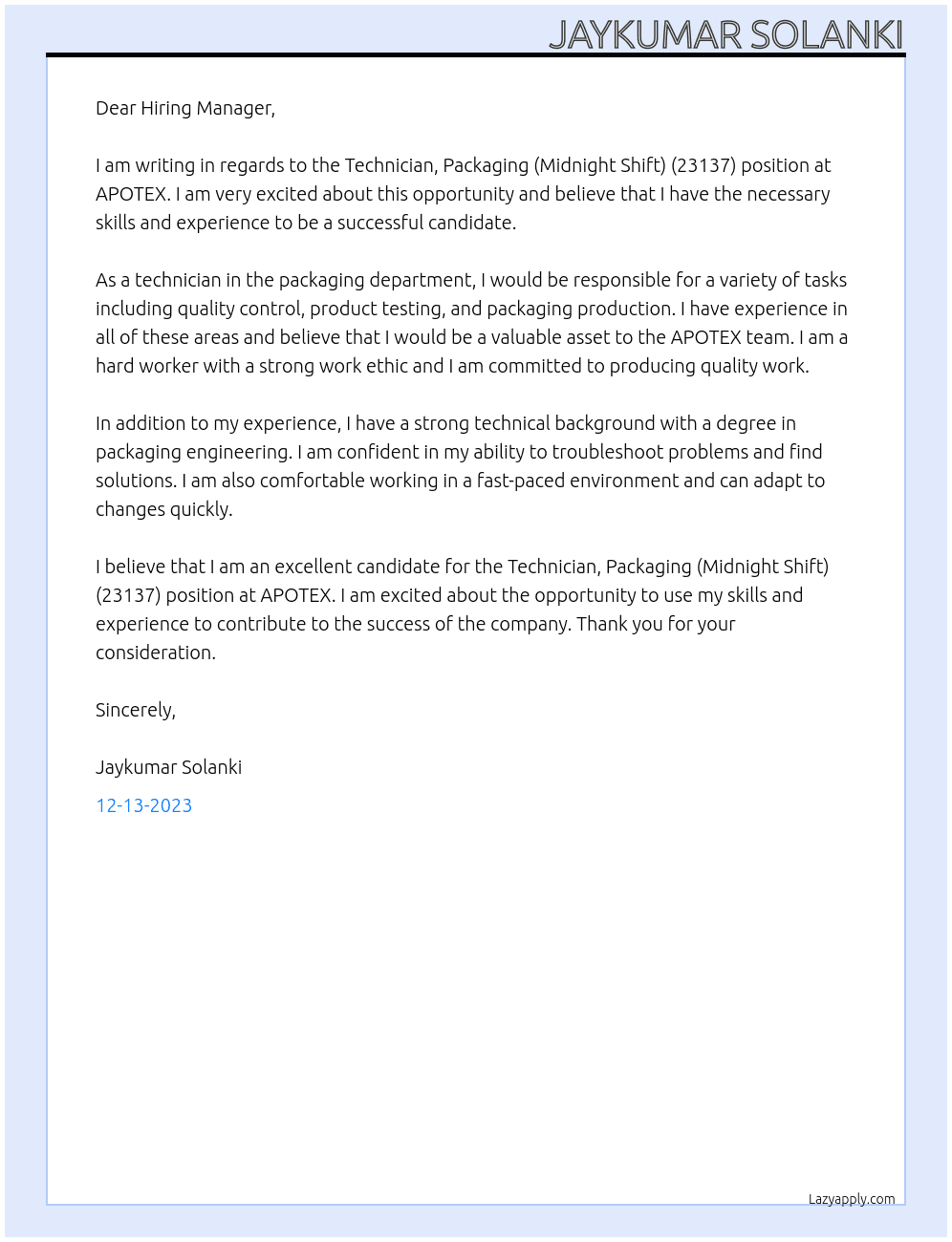 Technician, Packaging (Midnight Shift) (23137) At APOTEX Cover Letter