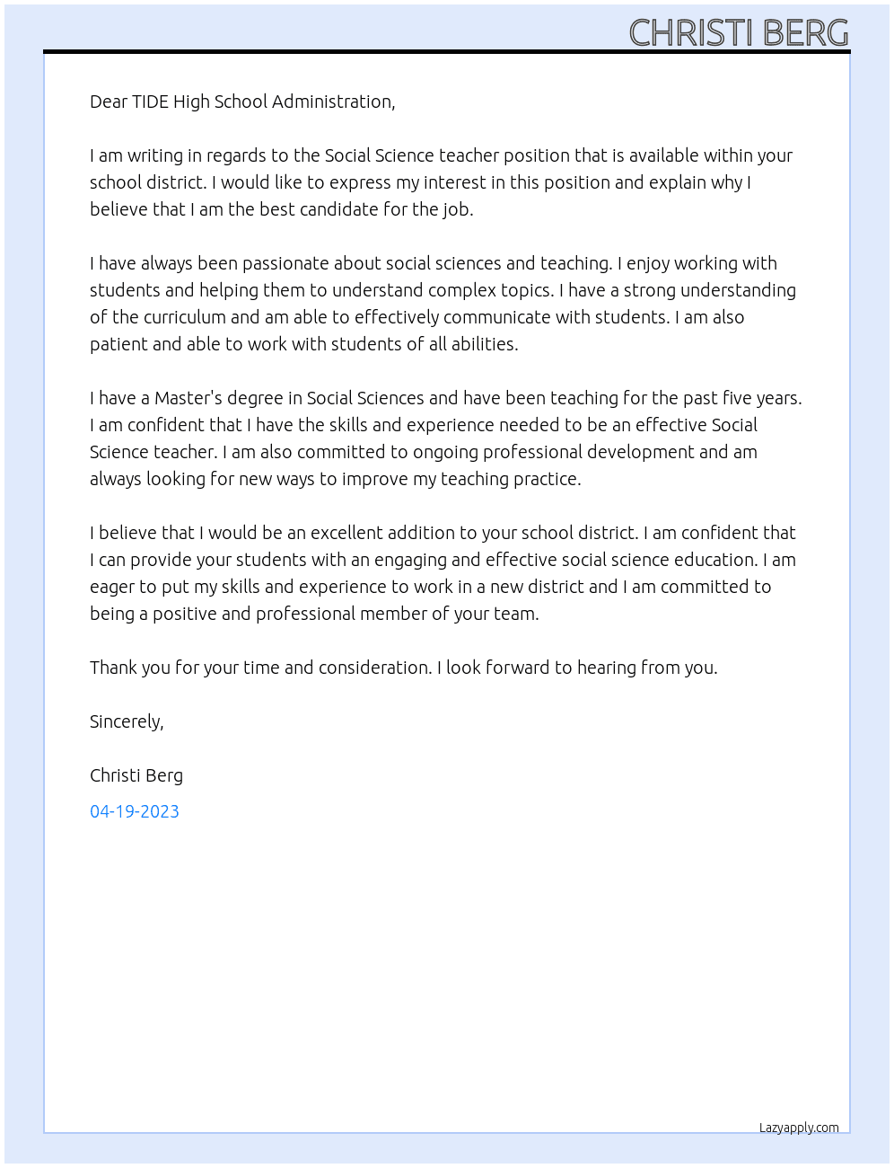 Social Science teacher At Sequoia Union High School District Cover Letter