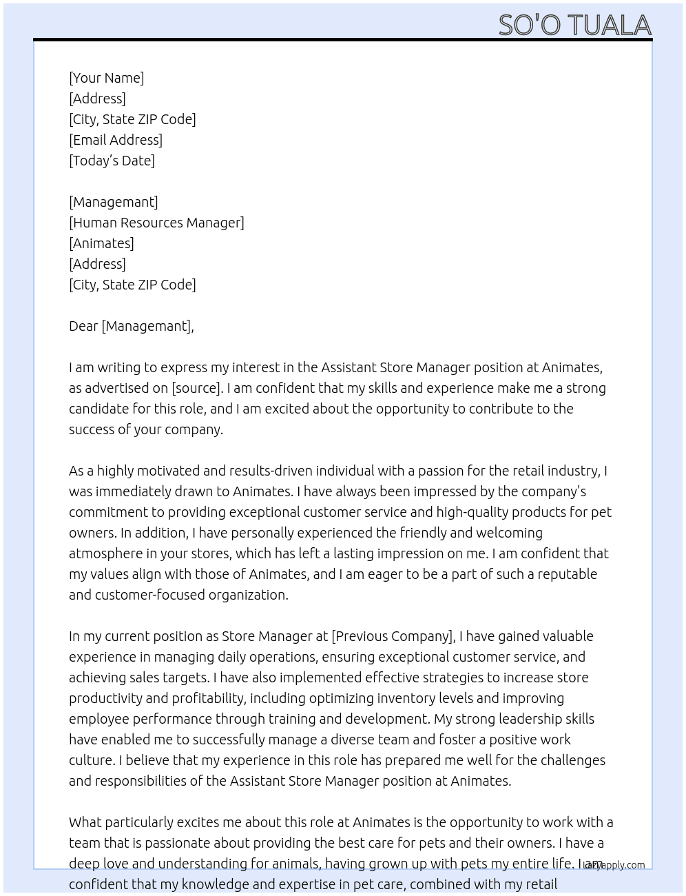 Assistant Store Manager At Animates  Cover Letter