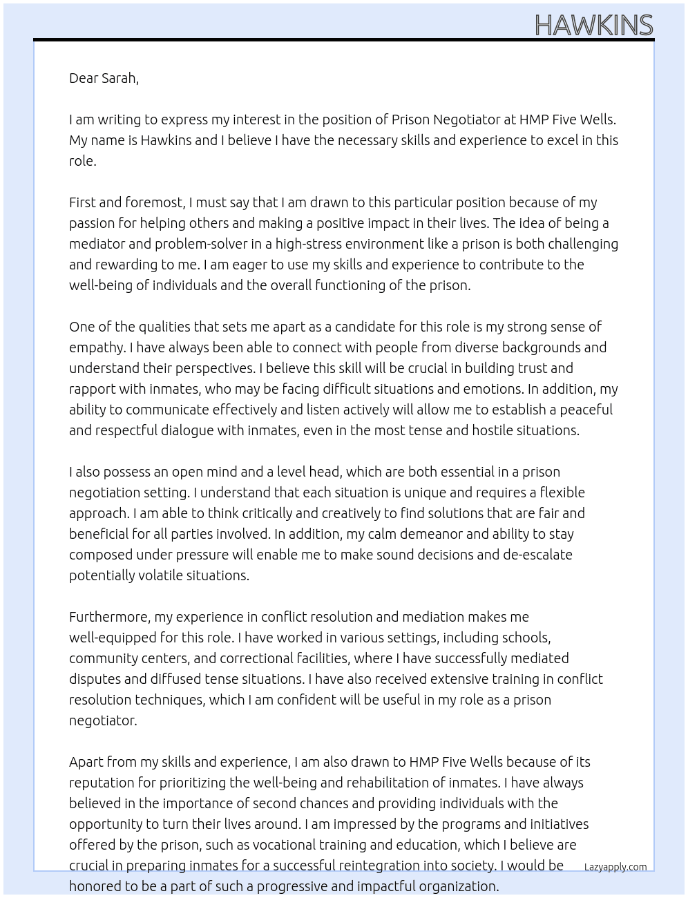 Prison negotiator  At HMP Five wells Cover Letter