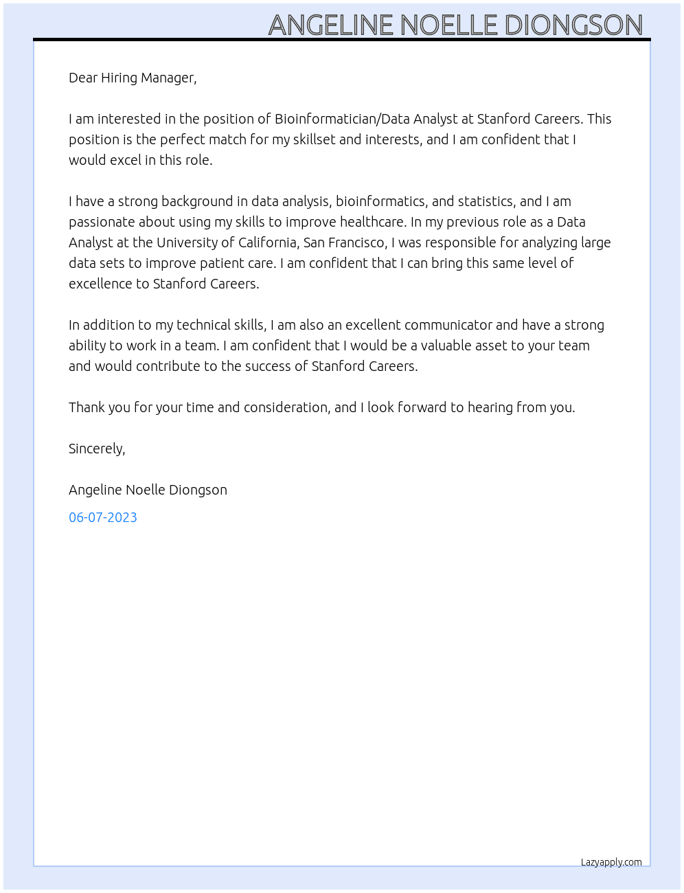 Bioinformatician/Data Analyst At Stanford Careers Cover Letter