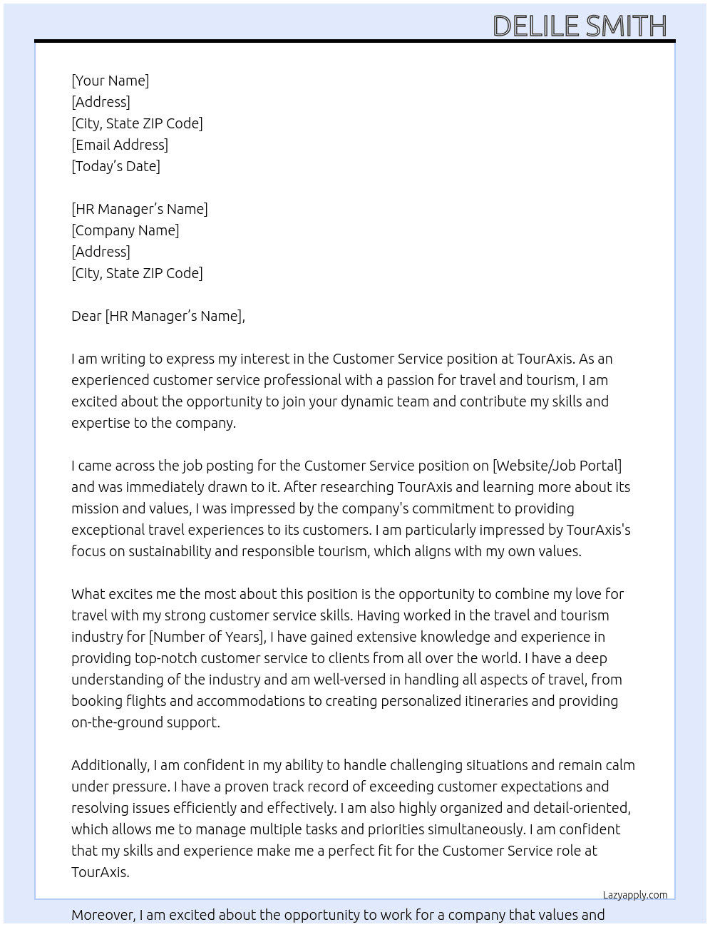 Customer Service in Travel and Tourism At TourAxis Cover Letter