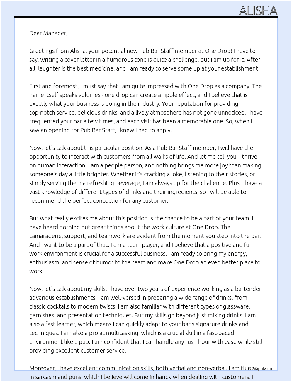 Pub Bar Staff At One Drop Cover Letter