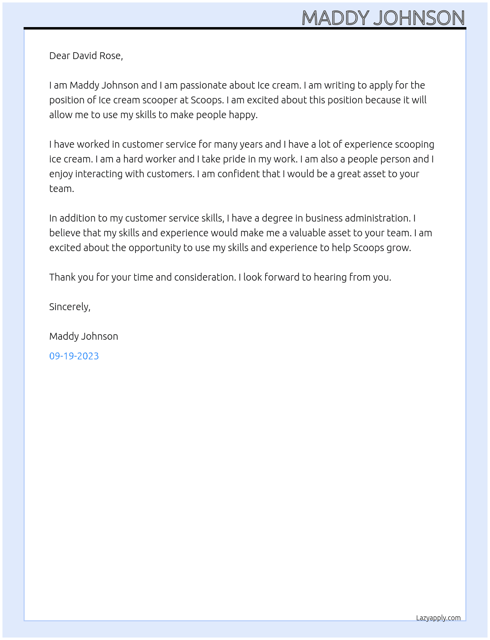 Ice cream scooper At Scoops Cover Letter