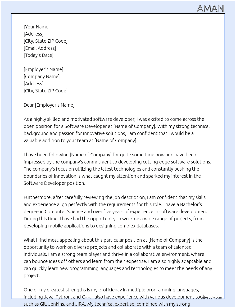 software developer At ICT Cover Letter