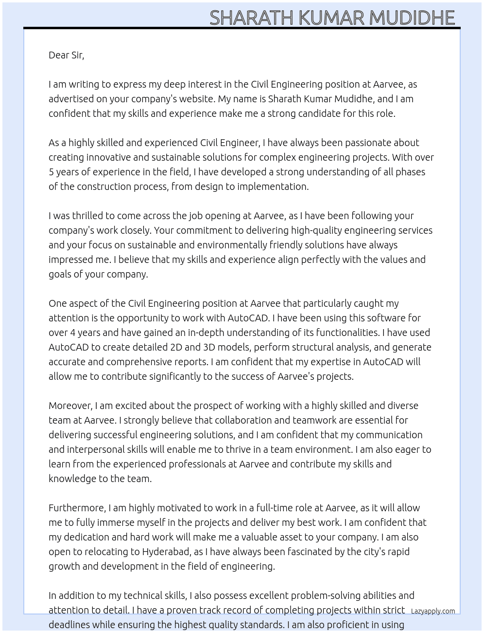 Civil Engineering  At aarvee Cover Letter