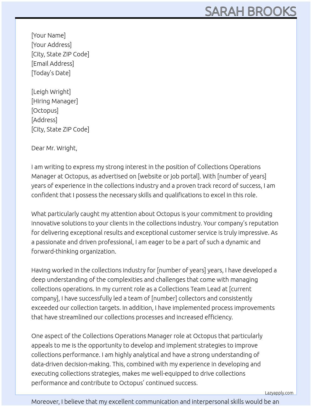 Collections Operations Manager  At Octopus  Cover Letter