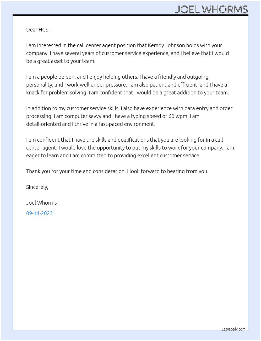 Call center agent  At HGS Cover Letter