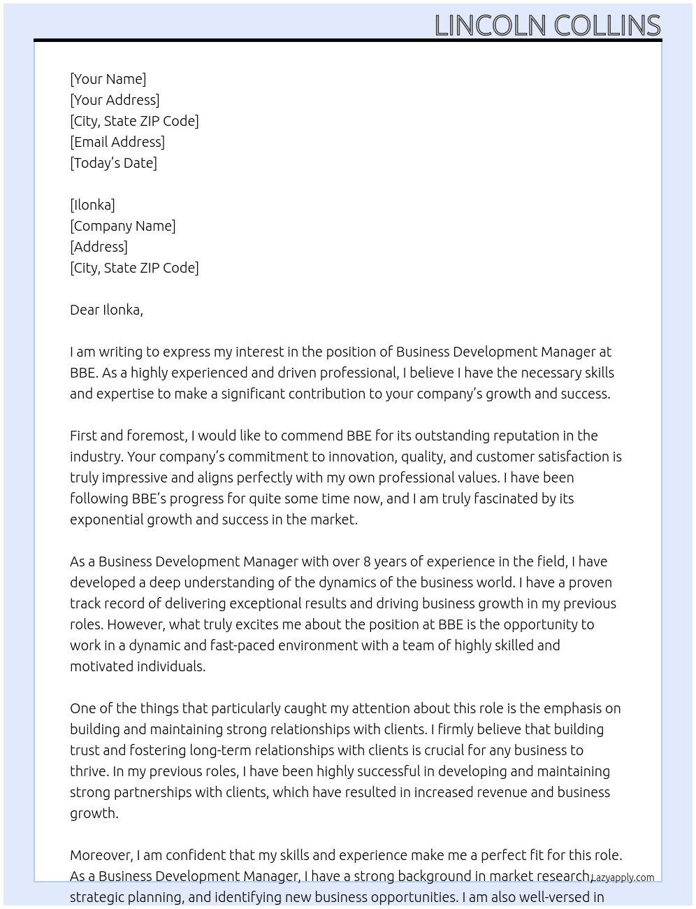 Business development manager  At BBE Cover Letter