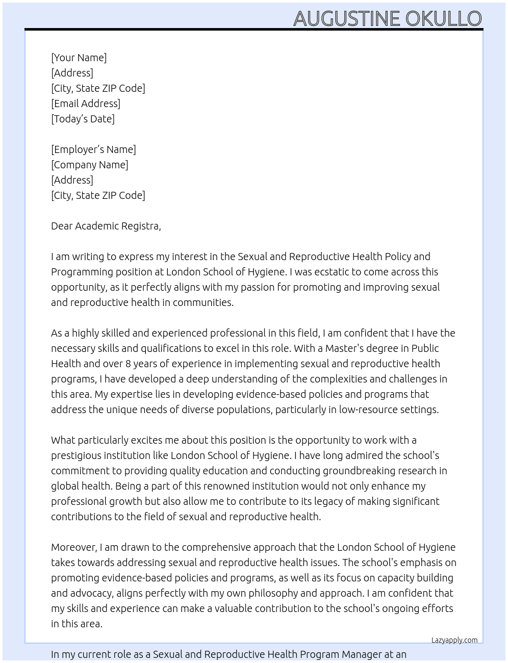 sexual and Reproductive health Policy and programming At London  school of    hygiene Cover Letter
