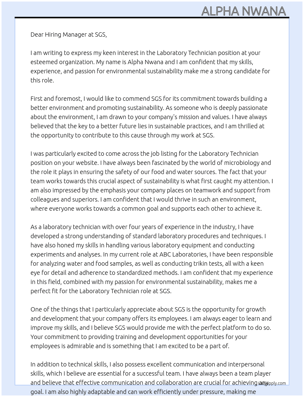 Laboratory technician  At SGS Cover Letter