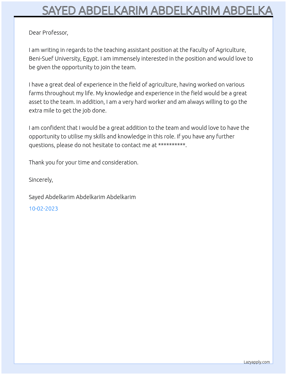 Teaching assistant At Faculty of Agriculture, Beni-Suef University, Egypt Cover Letter