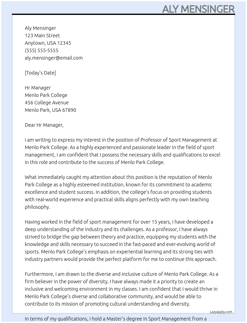 Professor of Sport Management  At Menlo Park College  Cover Letter