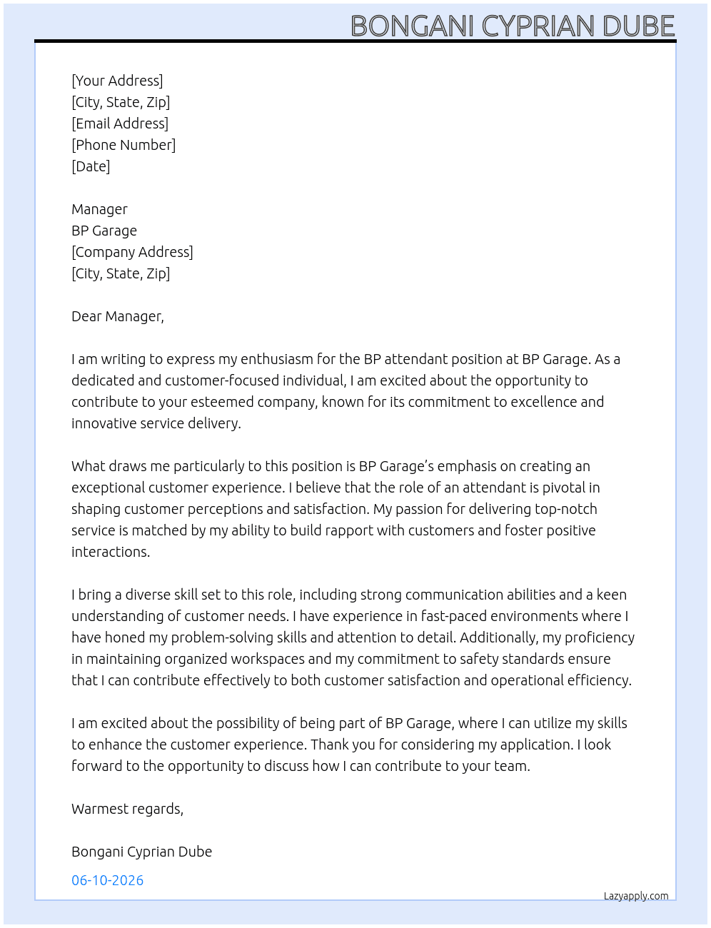 Cover letter for bp attended - LazyApply