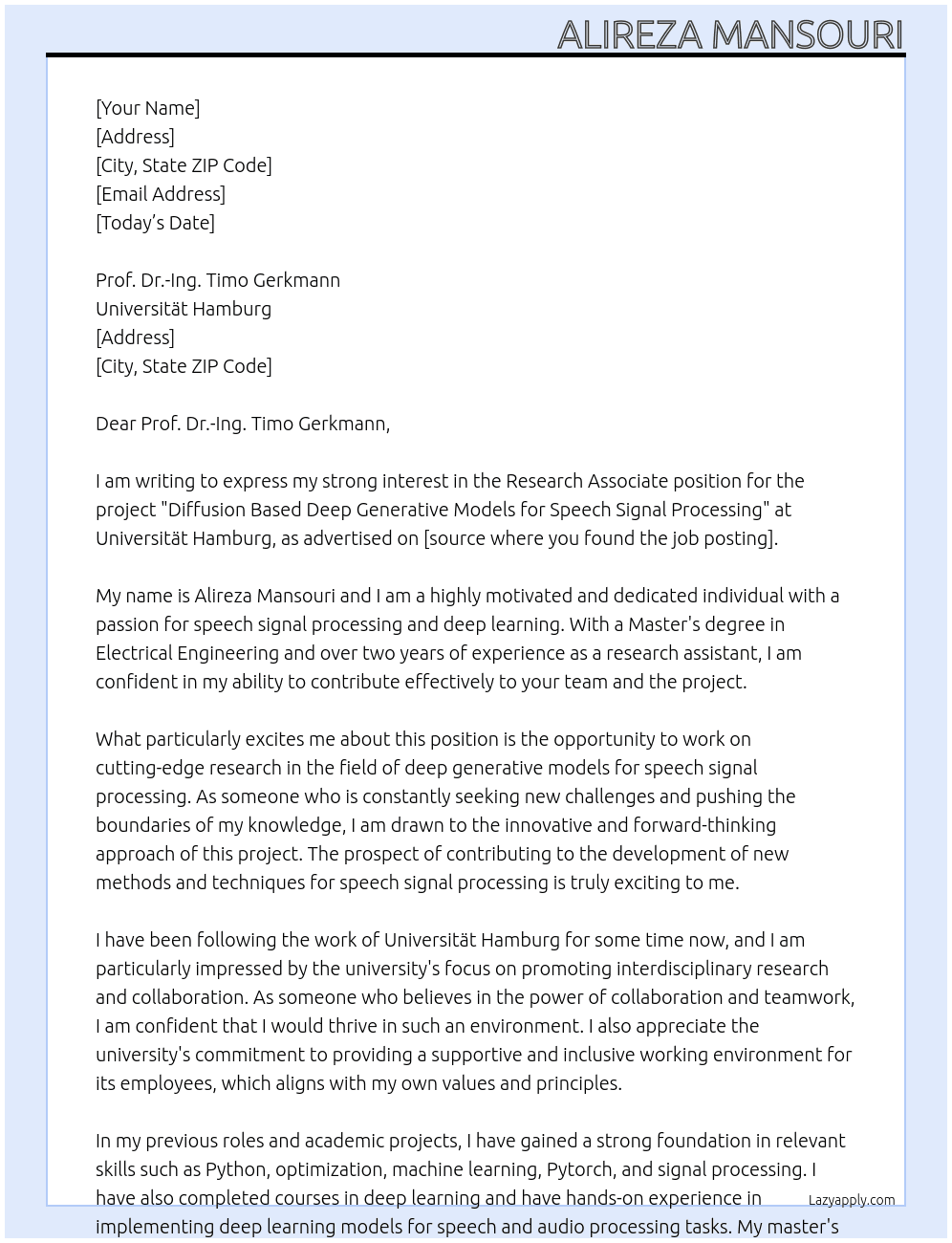 Research Associate for the Project “Diffusion Based Deep Generative Models for Speech Signal Processing” At Universität Hamburg Cover Letter