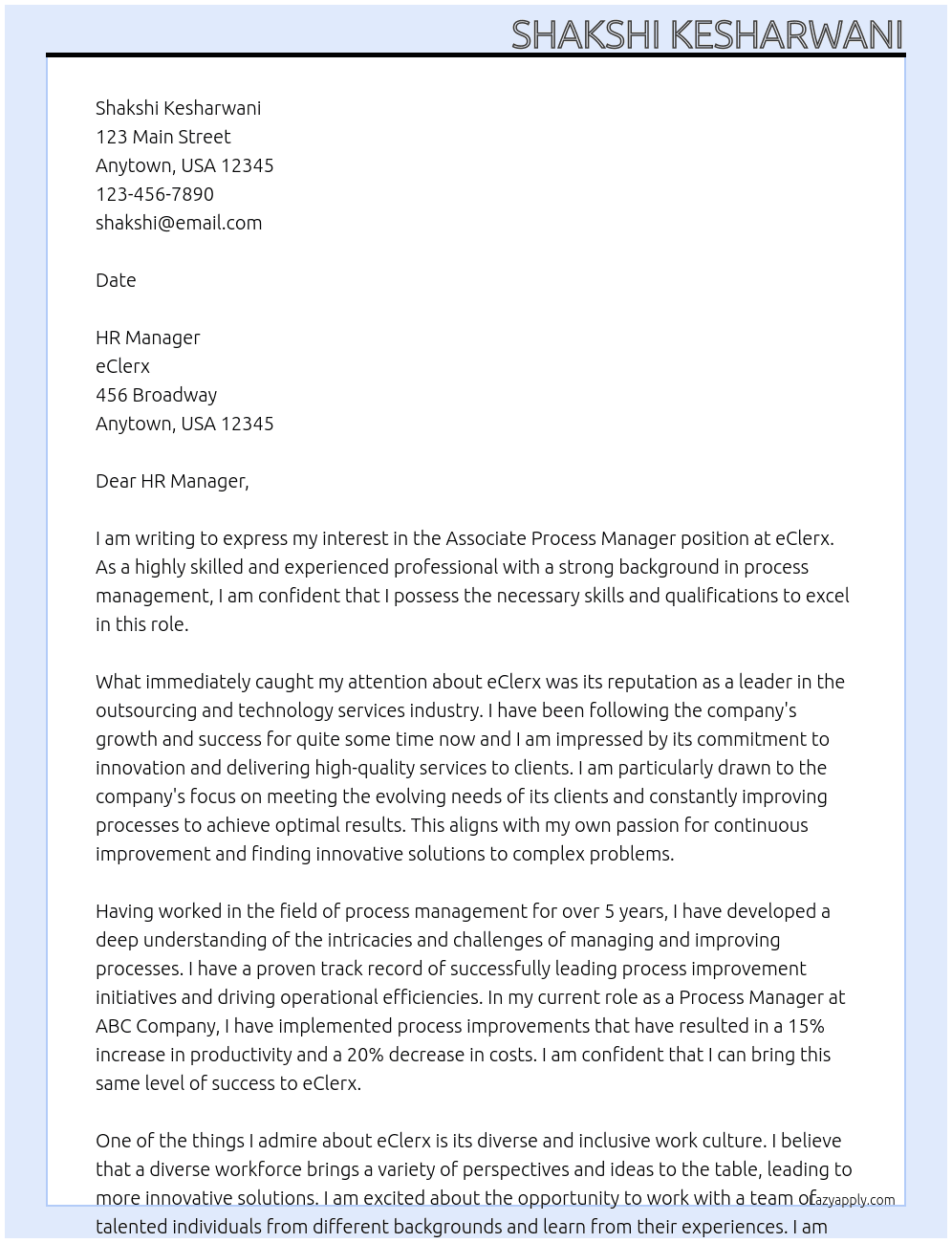 Associate process Manager At e  clerx Cover Letter