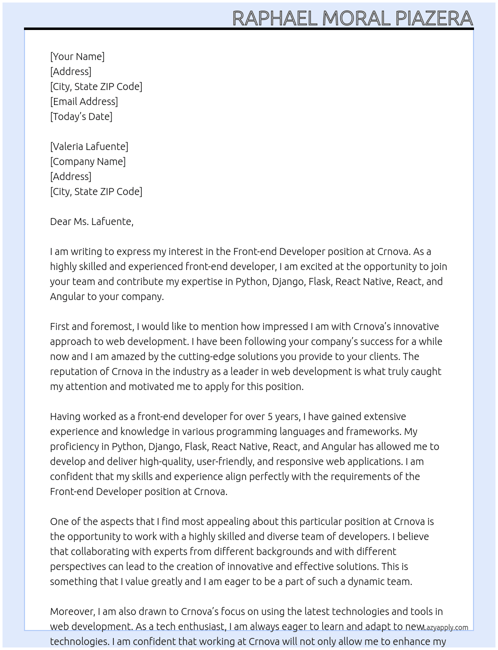 Front-end Developer At Crnova Cover Letter