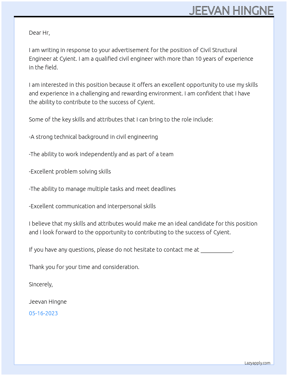 Civil Structural Engineer  At Cyient Cover Letter