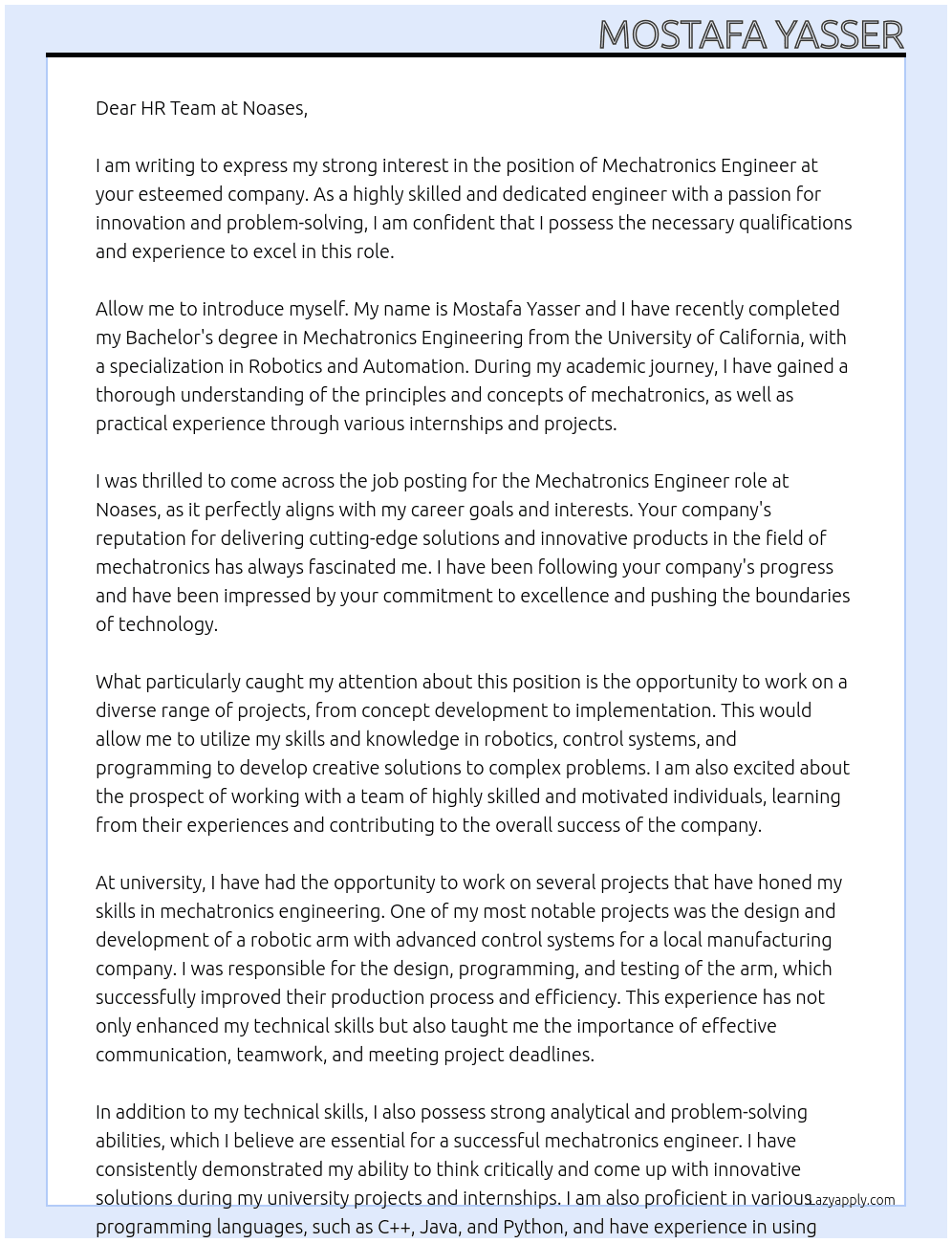 mechatronics engineer At Noases Cover Letter