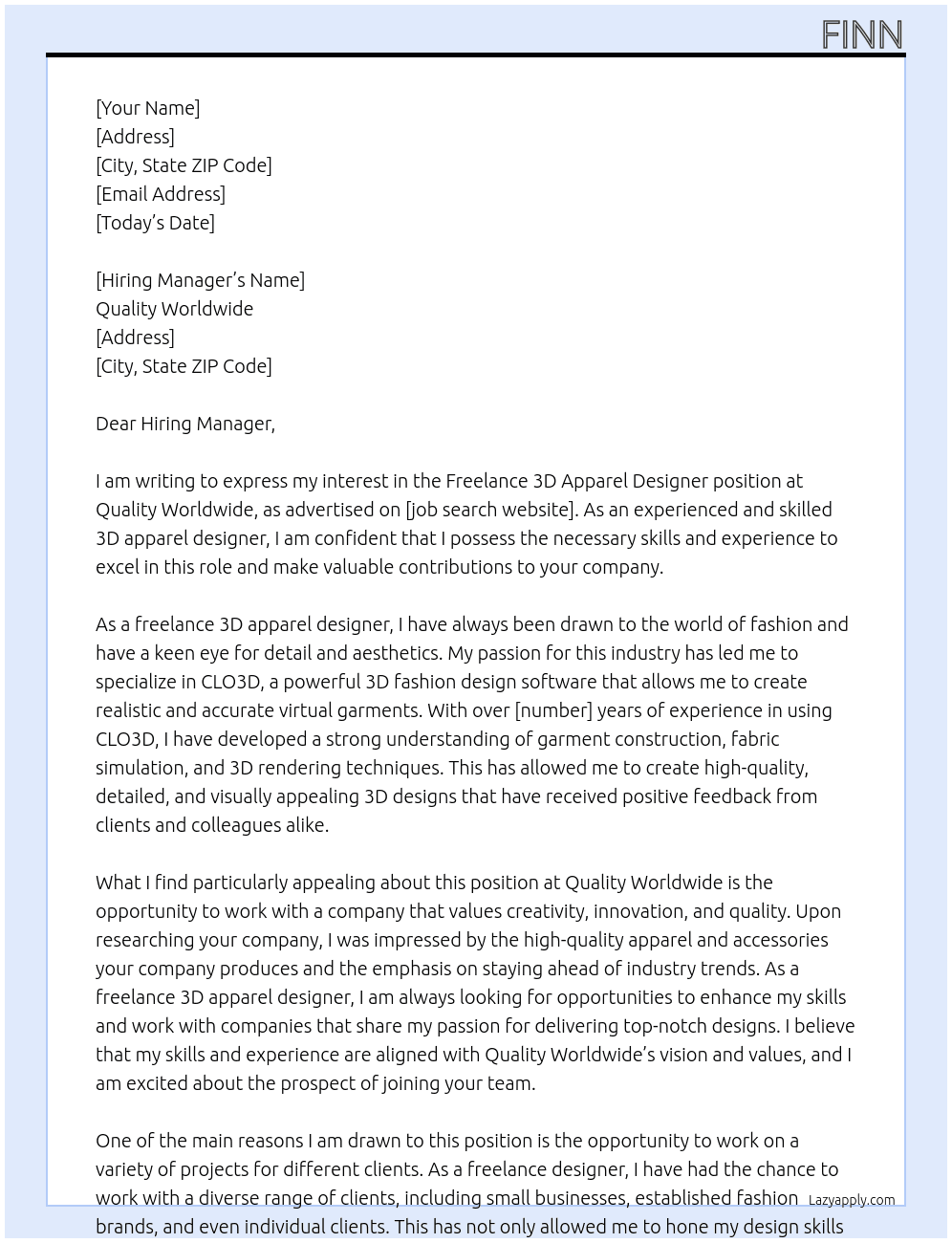 Freelance 3D Apparel Designer At Quality Worldwide Cover Letter