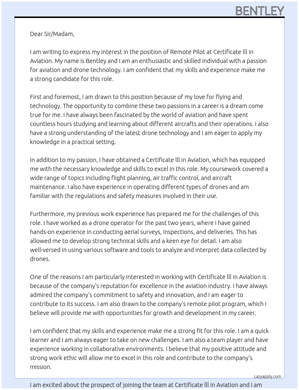 remote pilot At Certificate lll in Aviation Cover Letter