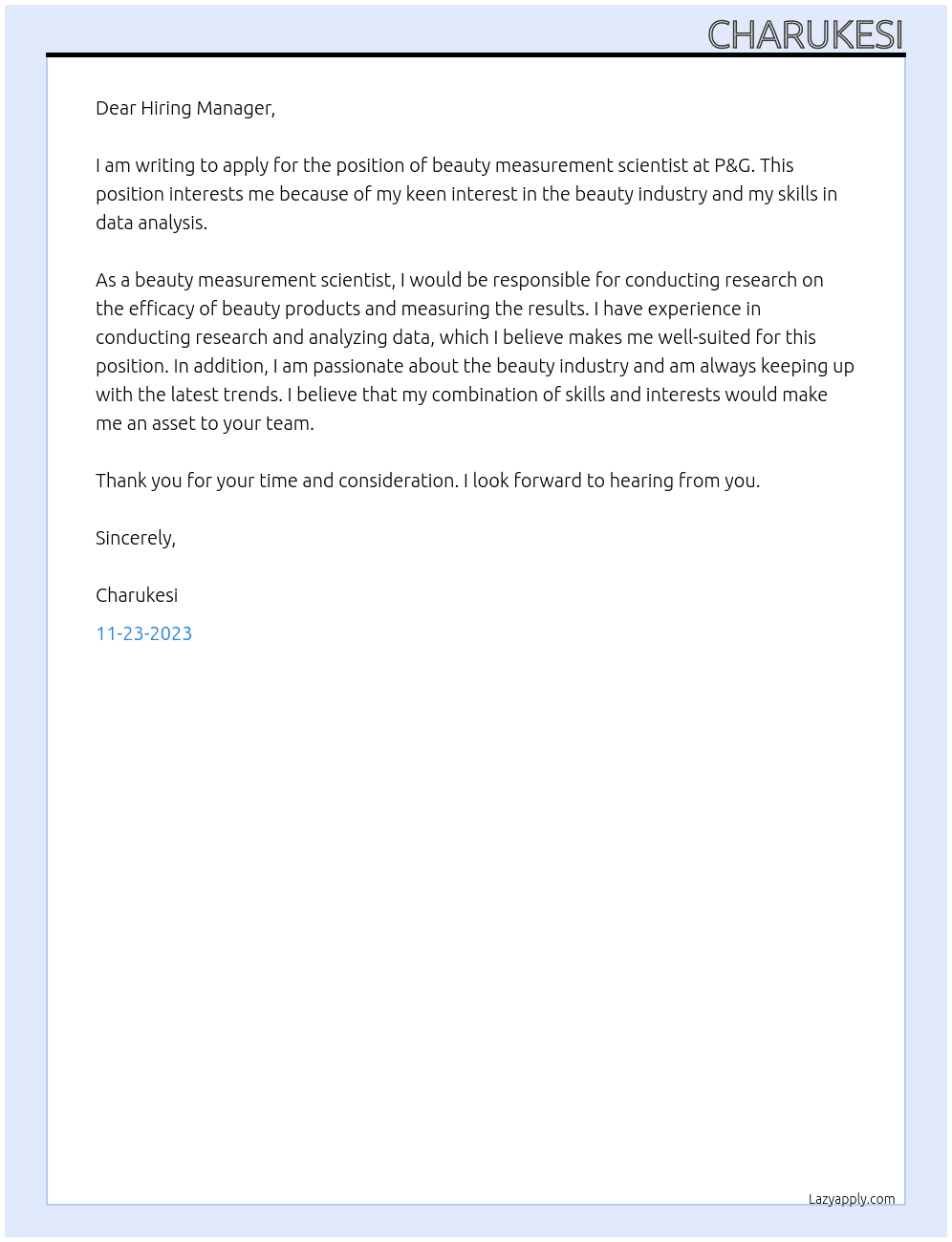 beauty measurement scientist At P&G Cover Letter