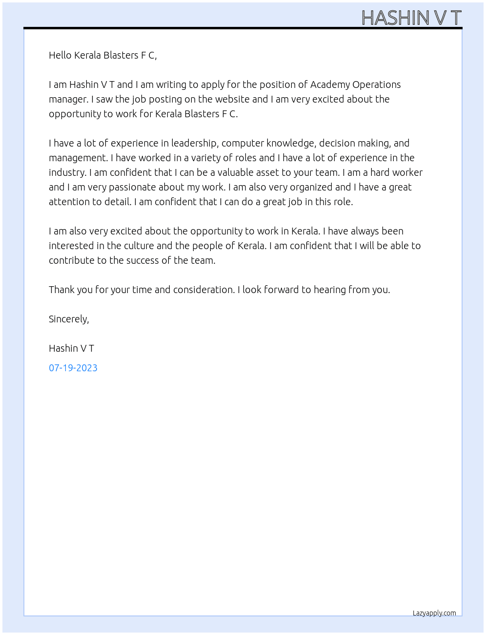 Academy Operations manager  At Kerala Blasters F C Cover Letter