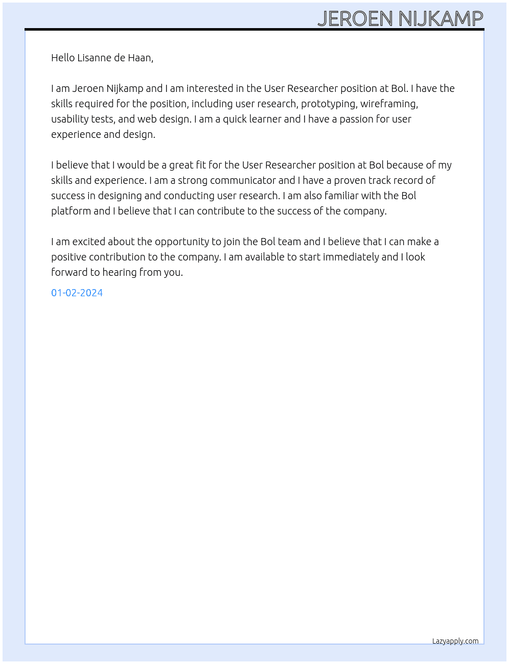 User Researcher At Bol Cover Letter