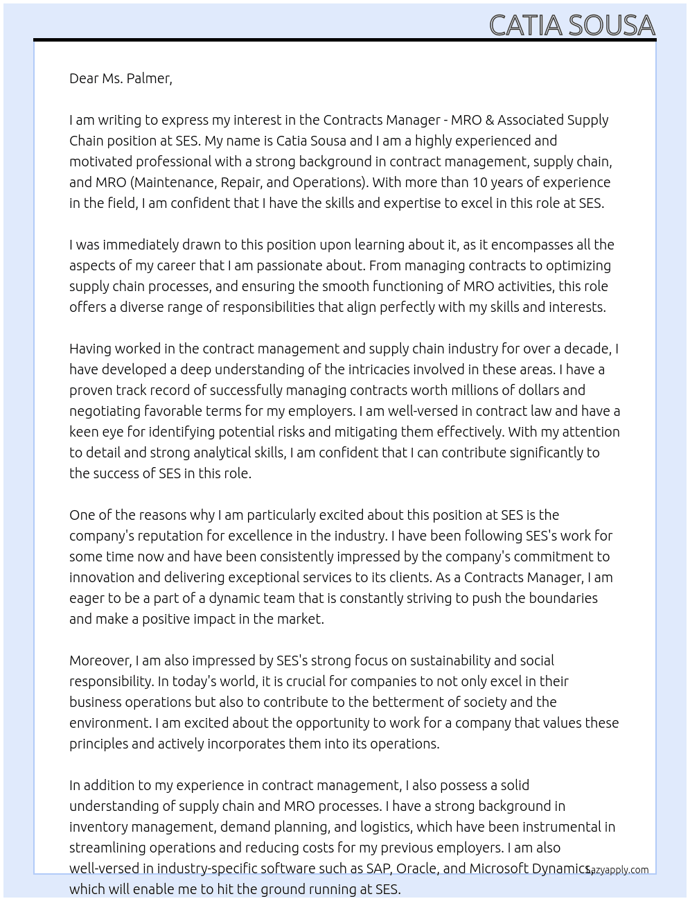 Contracts Manager - MRO & Associated Supply Ch At SES Cover Letter
