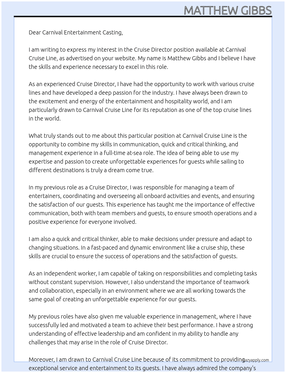 Cruise Director At Carnival Cruise Line Cover Letter