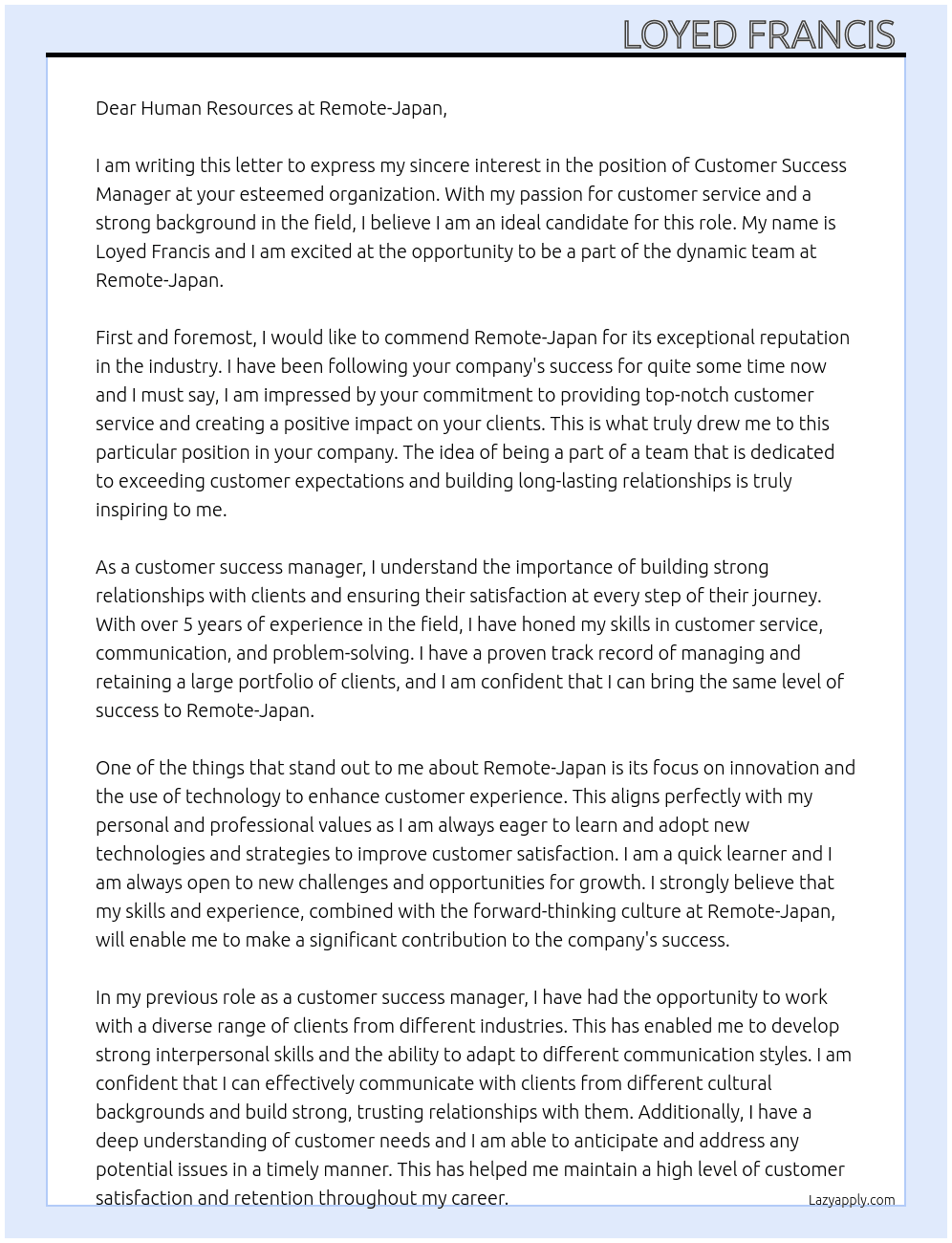 Customer success manager  At Remote- Japan Cover Letter