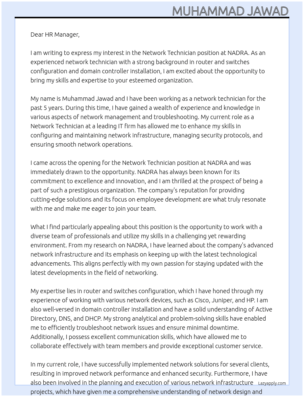 Network Tecnician At NADRA Cover Letter