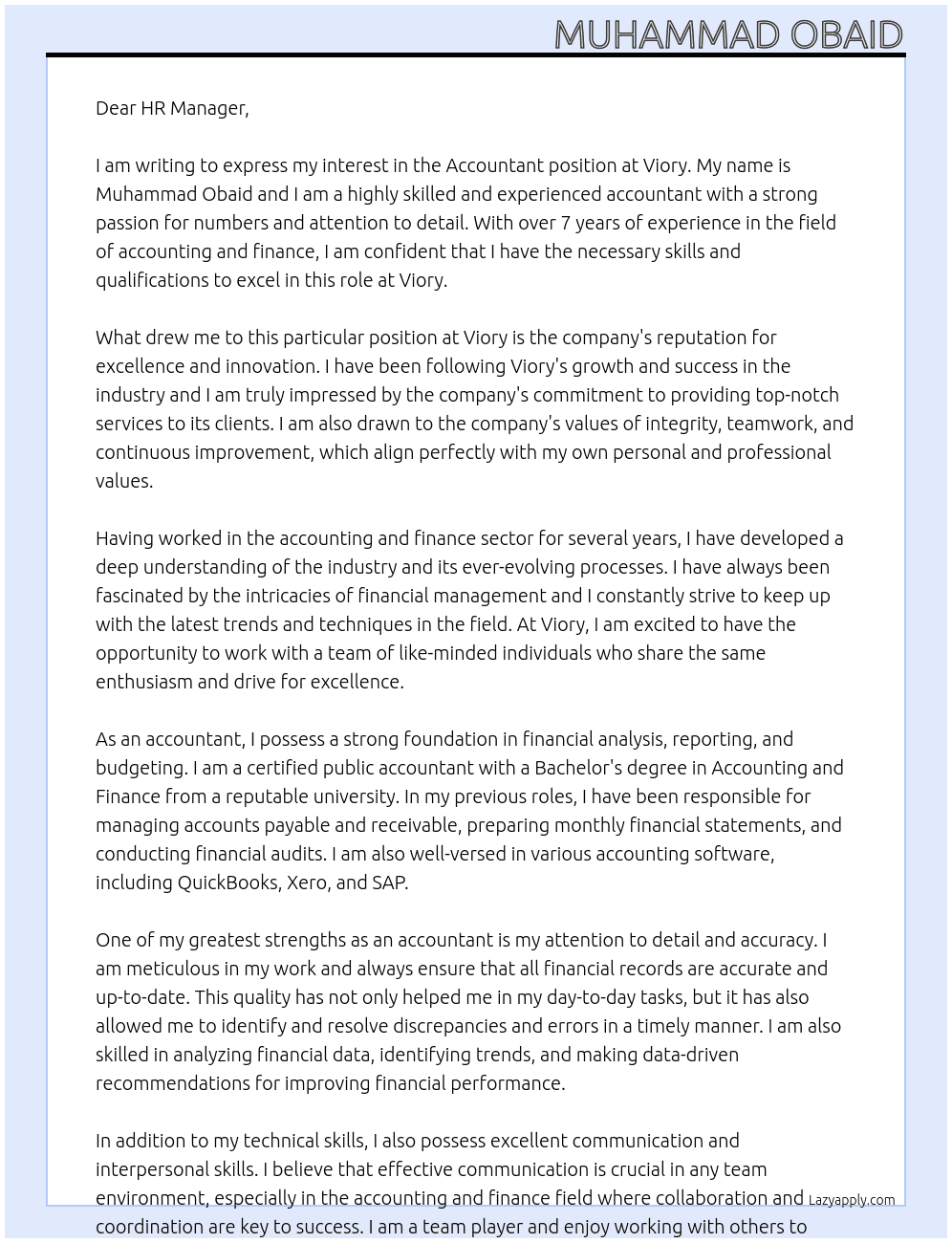Accountant At Viory Cover Letter