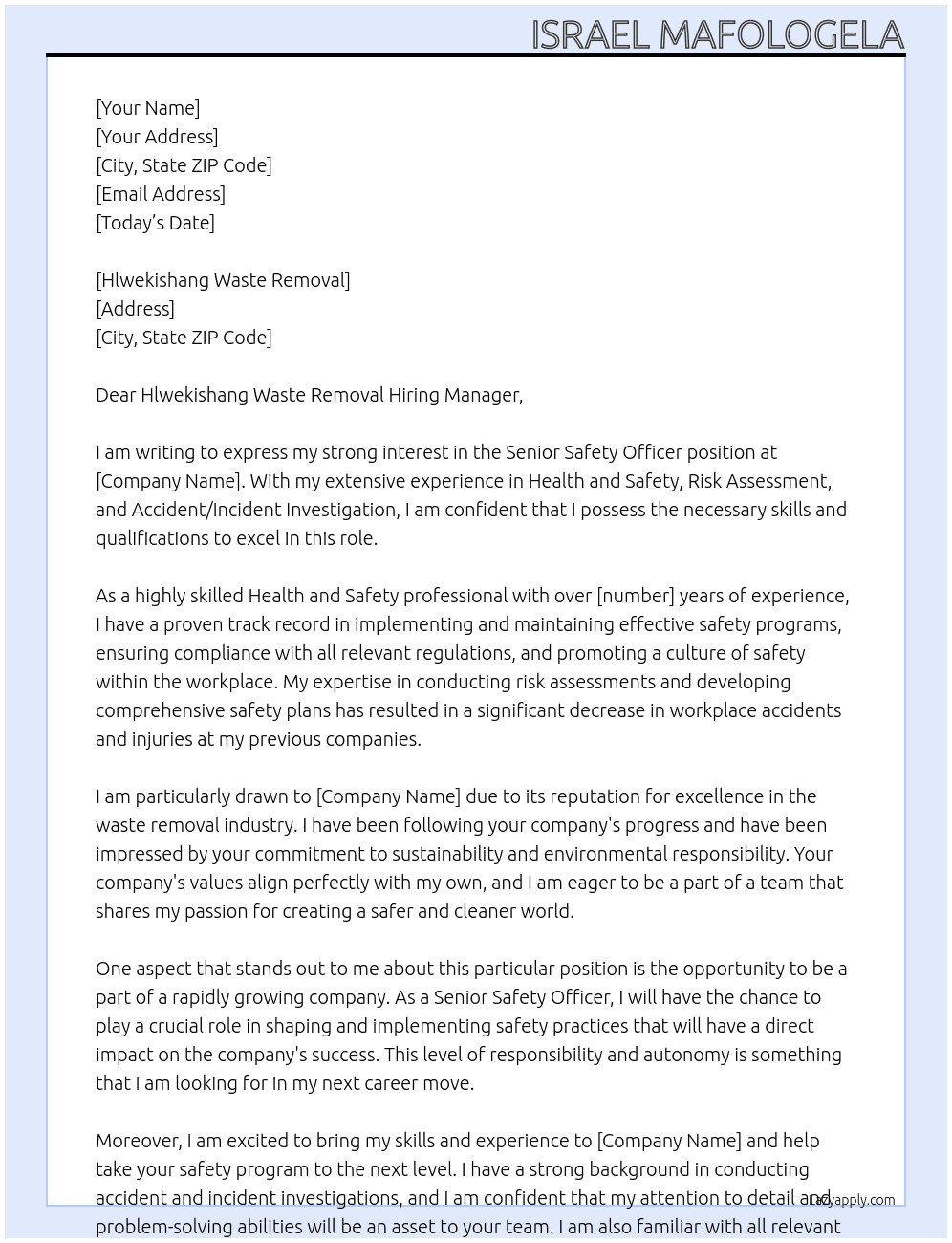 Senior Safety Officer At Israel Cover Letter