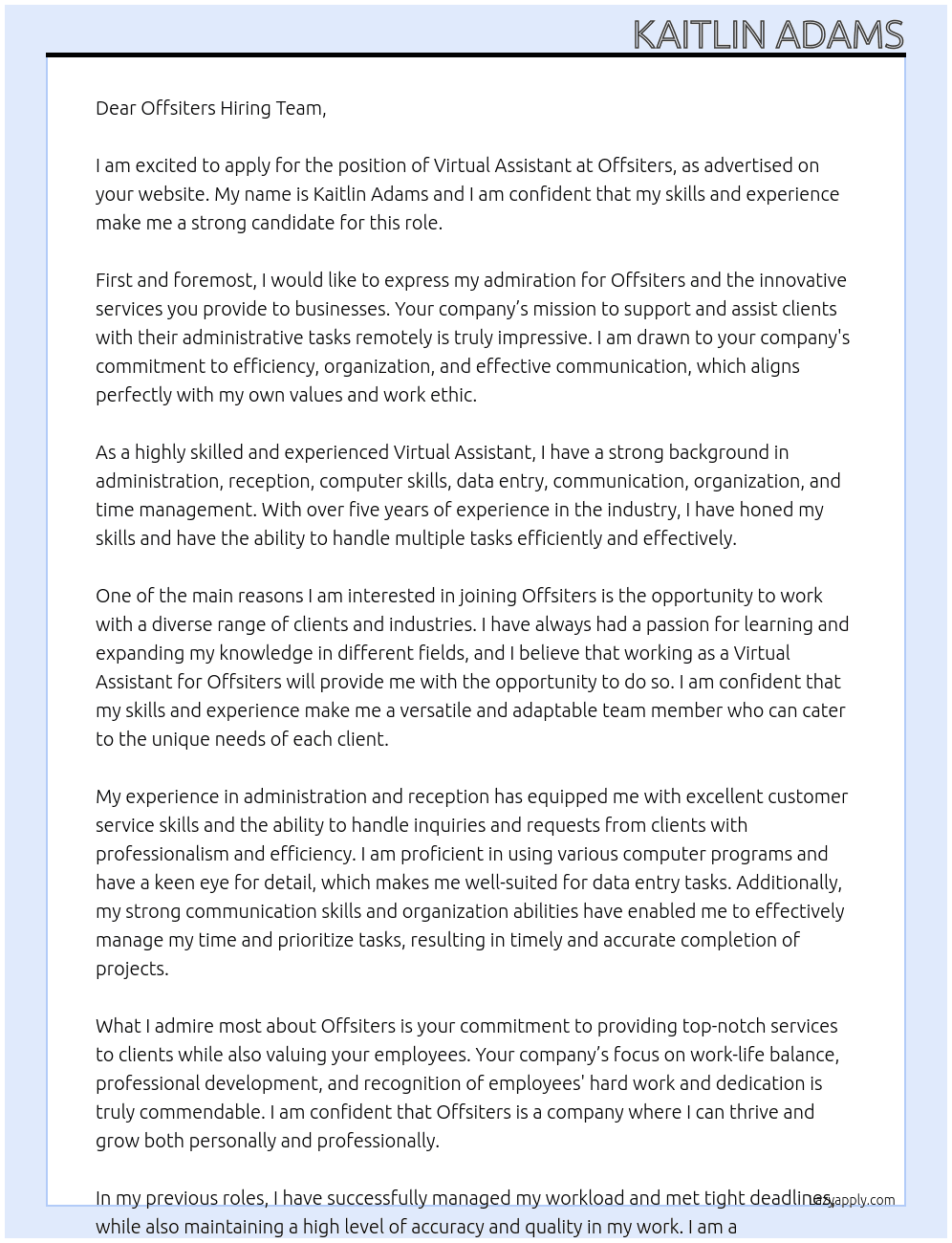 Virtual Assistant  At Offsiters Cover Letter