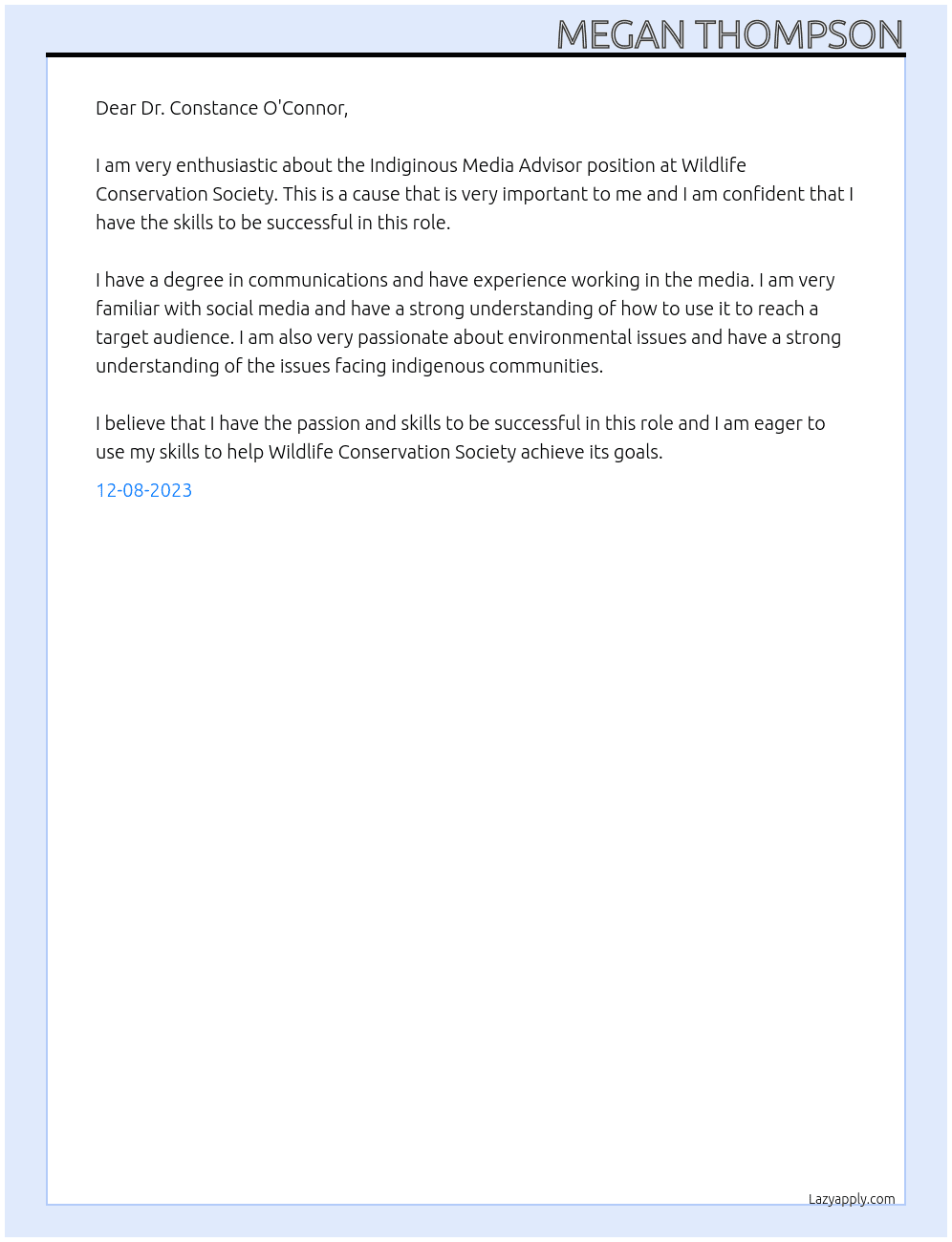 Indiginous Media Advisor At Wildlife Conservation Society Cover Letter