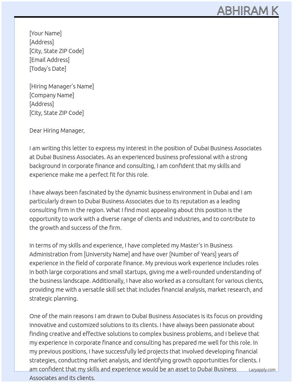 Dubail Business Associates At Dubai Business Associates Cover Letter