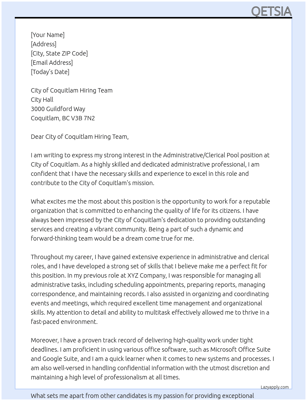Administrative/Clerical Pool At City of coquitlam Cover Letter