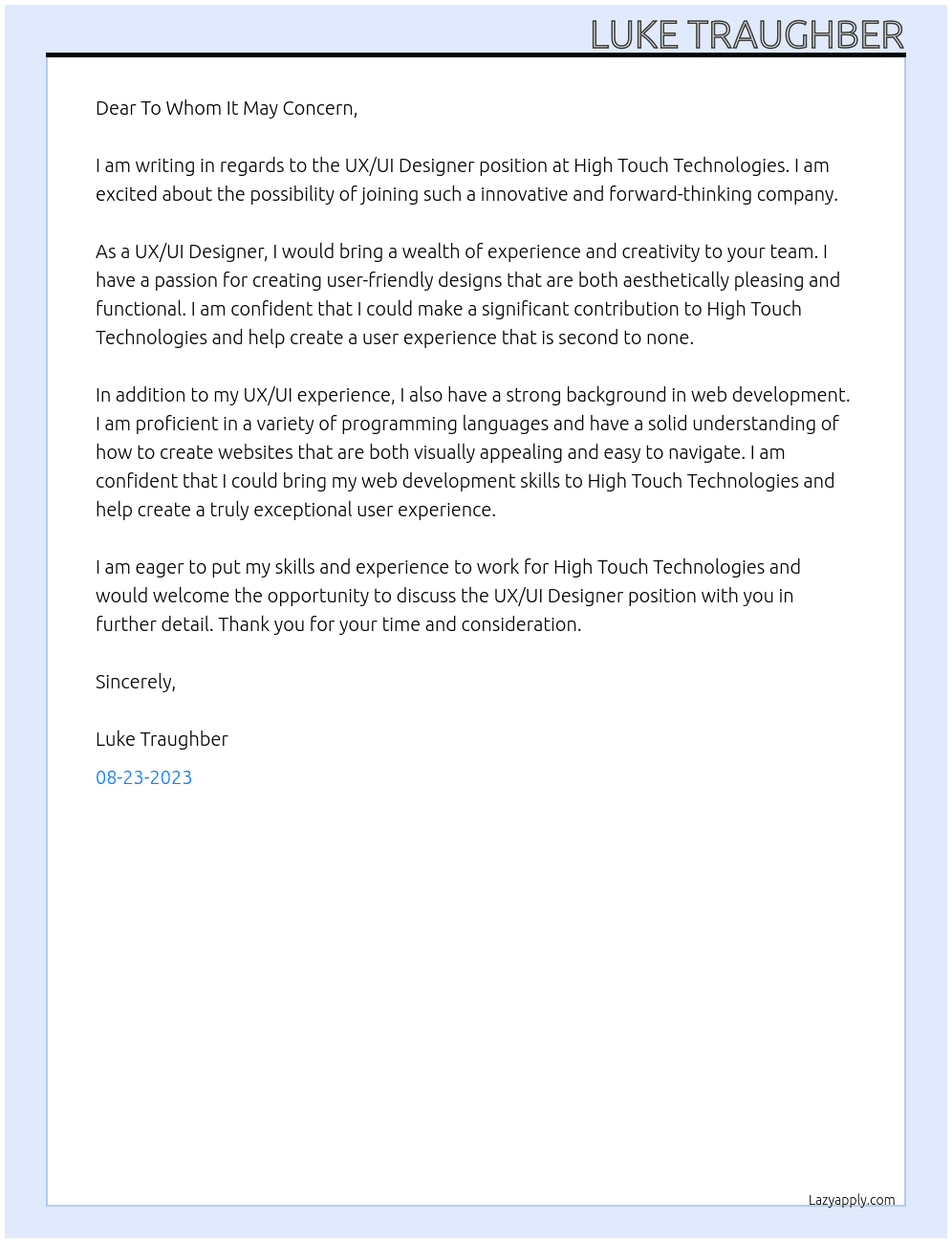 UX/UI Designer At High Touch Technologies Cover Letter