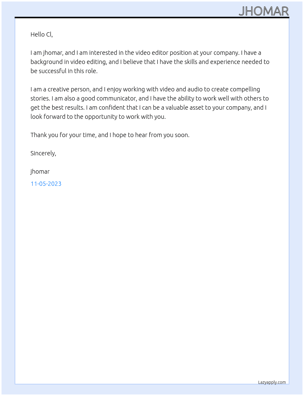 video editor At compny Cover Letter
