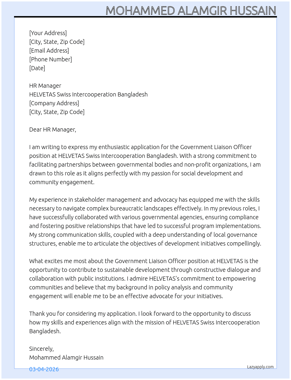 Cover letter for government liaison officer - LazyApply
