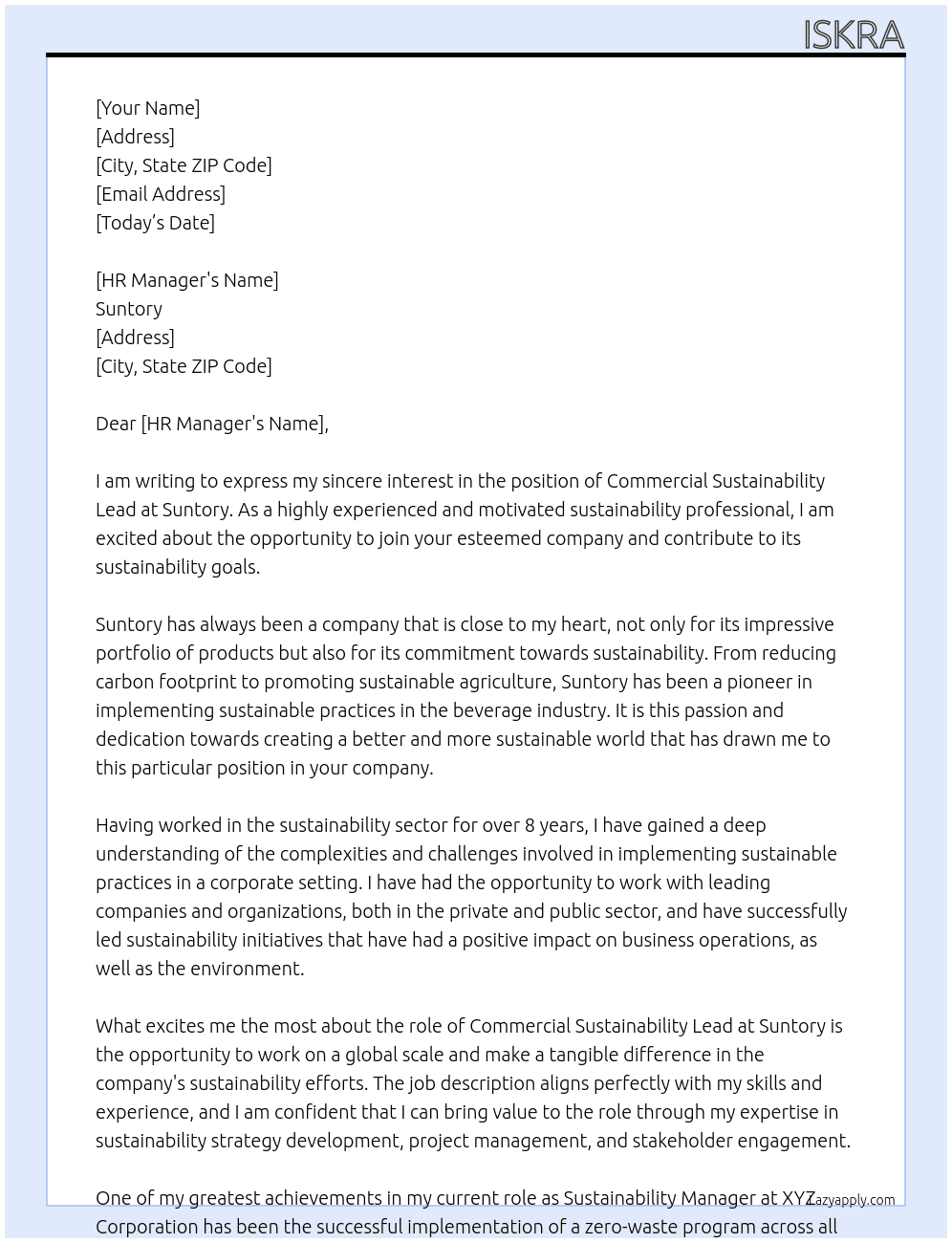 Commercial Sustainability Lead At Suntory Cover Letter