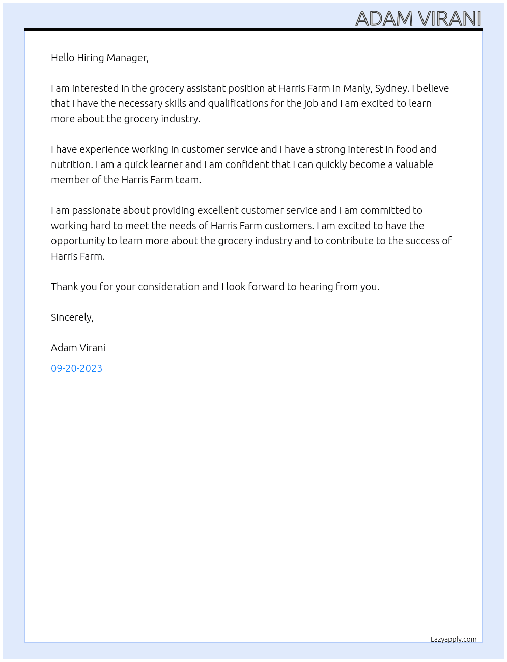 Grocery Assistant At Harris Farm Cover Letter